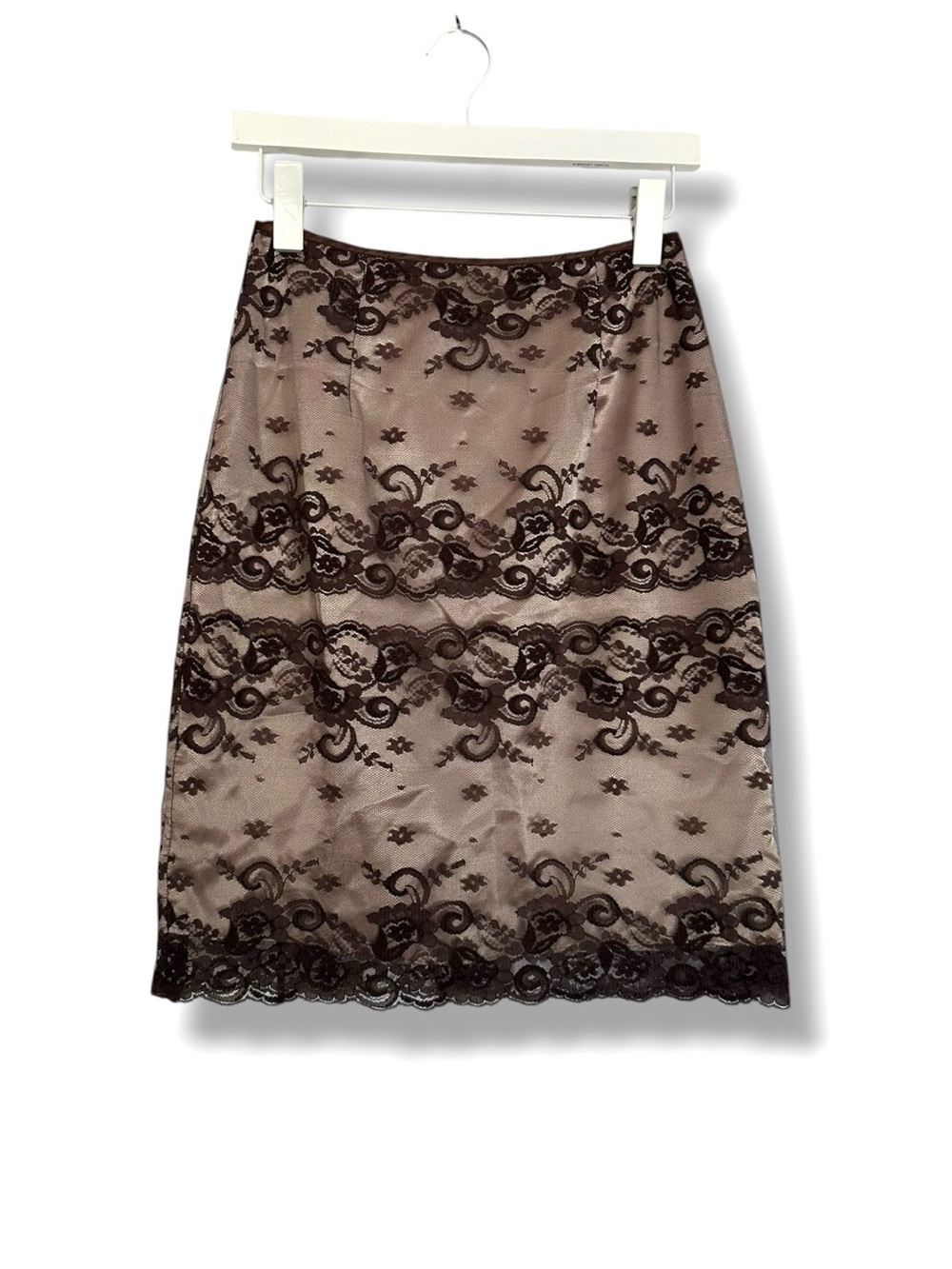 Vintage 90s Helen Wang Beige Satin Brown Lace High Waist Straight Pencil Skirt 8